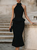 FJØRNA halter peplum midi dress for women, stylish sleeveless dress with fitted waist and flowing skirt, perfect for summer occasions.
