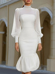 FJØRNA high-neck midi dress with sheer sleeves and bubble hem, stylish women's dress with elegant design and flowy silhouette.