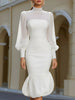 FJØRNA high-neck midi dress with sheer sleeves and bubble hem, stylish women's dress with elegant design and flowy silhouette.