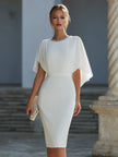 FJØRNA embellished neckline cape-sleeve sheath midi dress for women, elegant dress with detailed embellishments and flowing fabric.
