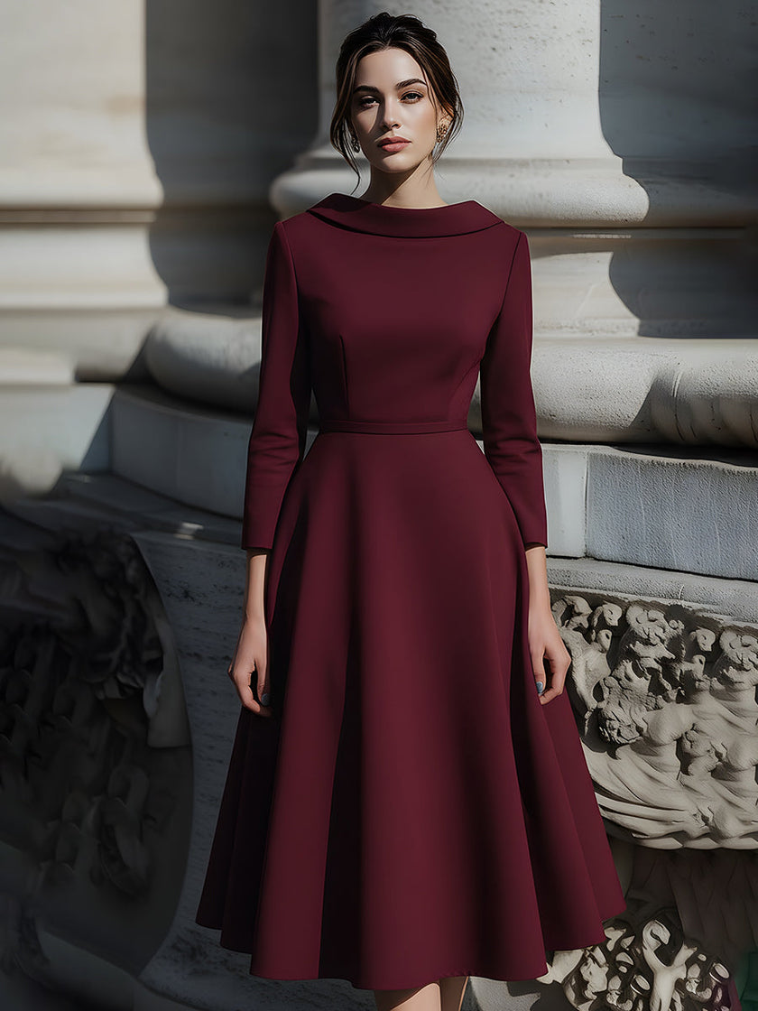 FJØRNA structured boat-neck burgundy midi dress for women, showcasing a fitted silhouette and elegant design.