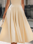 FJØRNA Luxe Cream sleeveless turtleneck pleated midi dress for women, elegant white dress with a fitted bodice and flowing skirt.
