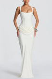 FJØRNA women's summer maxi dress with square neckline and bodycon fit, flowing fabric, and sleeveless design.