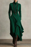 FJØRNA solid color high-neck long-sleeved irregular casual maxi dress displayed on a model.