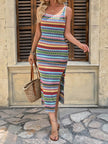 FJØRNA sleeveless white jacquard ribbed knit dress with contrast colors and split sides, featuring a square neckline.