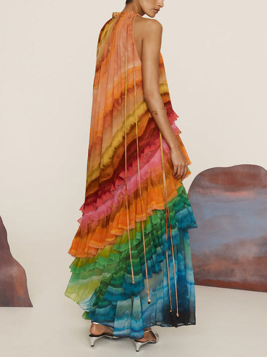Unique Colorful Print Ruffle Women's Maxi Dress - Summer