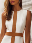 FJØRNA sleeveless faux leather mini dress with brown trim, fitted style, and stylish design perfect for fashionable wear