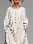 FJØRNA cotton button-front midi dress for women, featuring a classic design with button details and a comfortable fit.