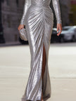 Silver FJØRNA evening dress with ruched deep V-neck, elegant sleeveless design for women, suitable for formal occasions.