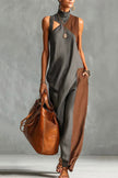 Color-blocked high-neck sleeveless casual maxi dress by FJØRNA with front pockets, stylish and comfortable for everyday wear.