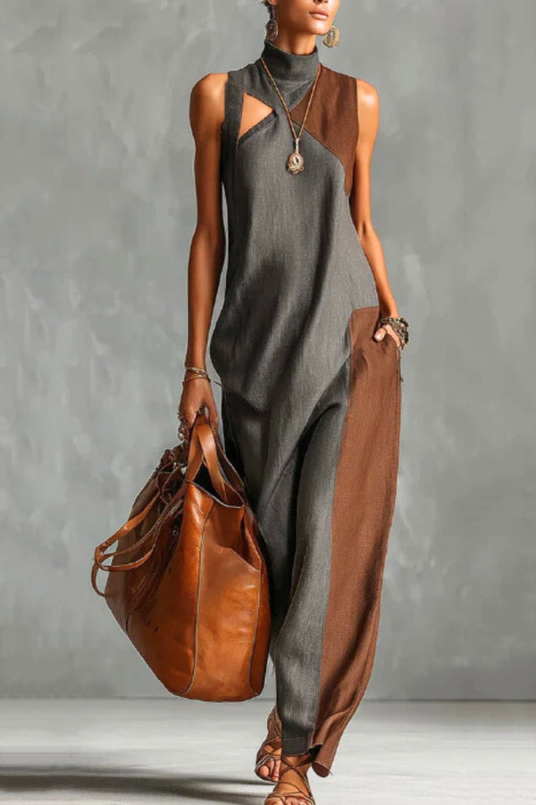Color-blocked high-neck sleeveless casual maxi dress by FJØRNA with front pockets, stylish and comfortable for everyday wear.