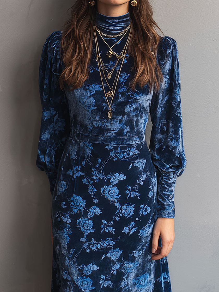 FJØRNA retro turtleneck velvet midi dress with rose print, long sleeves and fitted silhouette for a vintage-inspired look.