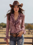 Pink leopard print chiffon blouse with ruffled lace accents and V-neck style from FJØRNA, perfect for stylish casual wear.