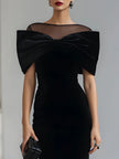 Elegant FJØRNA velvet midi dress for women, featuring a Bardot neckline and a fitted silhouette, perfect for stylish occasions.