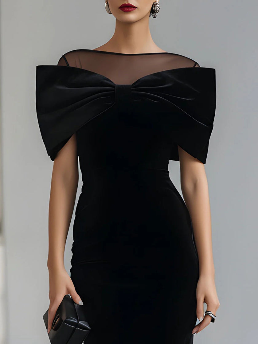 Elegant FJØRNA velvet midi dress for women, featuring a Bardot neckline and a fitted silhouette, perfect for stylish occasions.