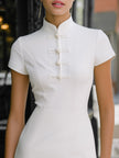 FJØRNA Mandarin Collar Modern Knot-Button Mini Dress displayed on a hanger, showcasing its stylish collar and knot-button details.