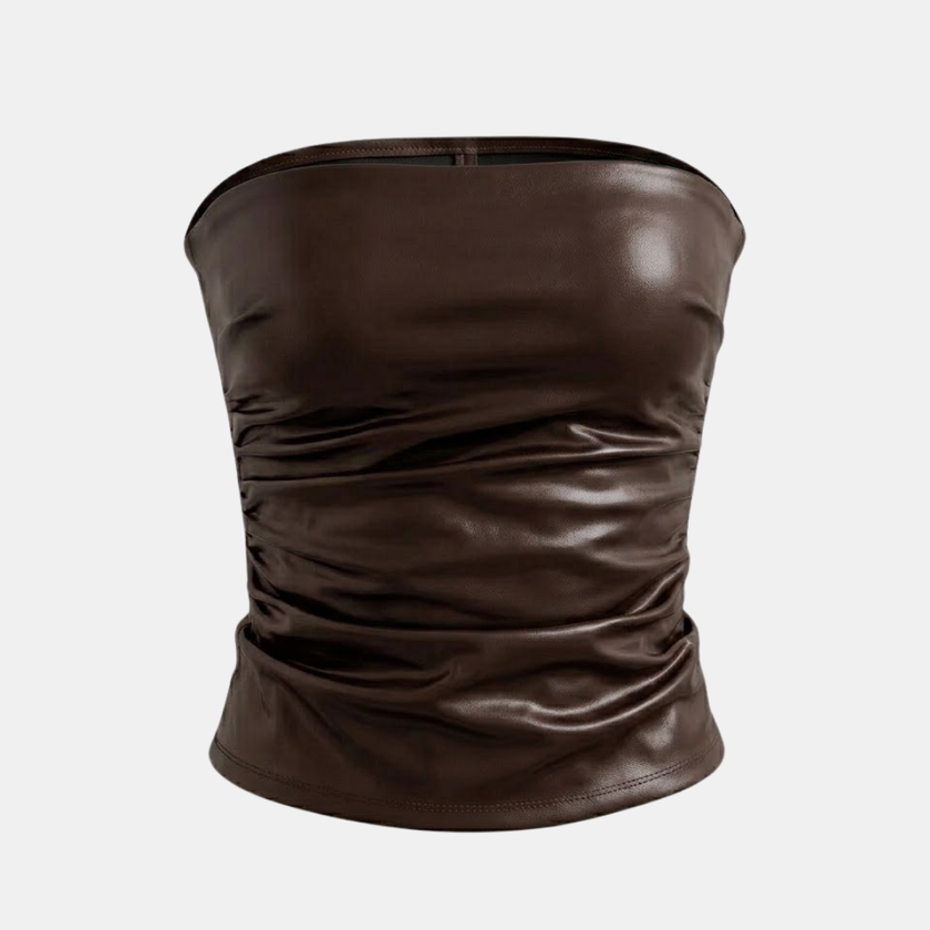 FJØRNA men's faux leather top, stylish women's top with sleek black faux leather material and modern design.