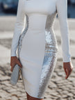 FJØRNA white sequin side dress with square neckline, sleeveless design, and fitted silhouette, perfect for evening events.