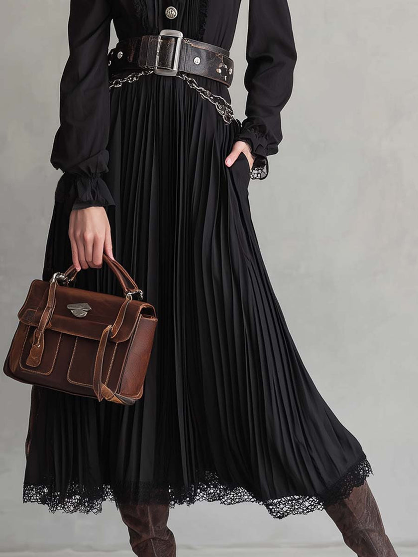 FJØRNA vintage lace hem pleated midi dress with button details, featuring a classic, elegant design and soft fabric.