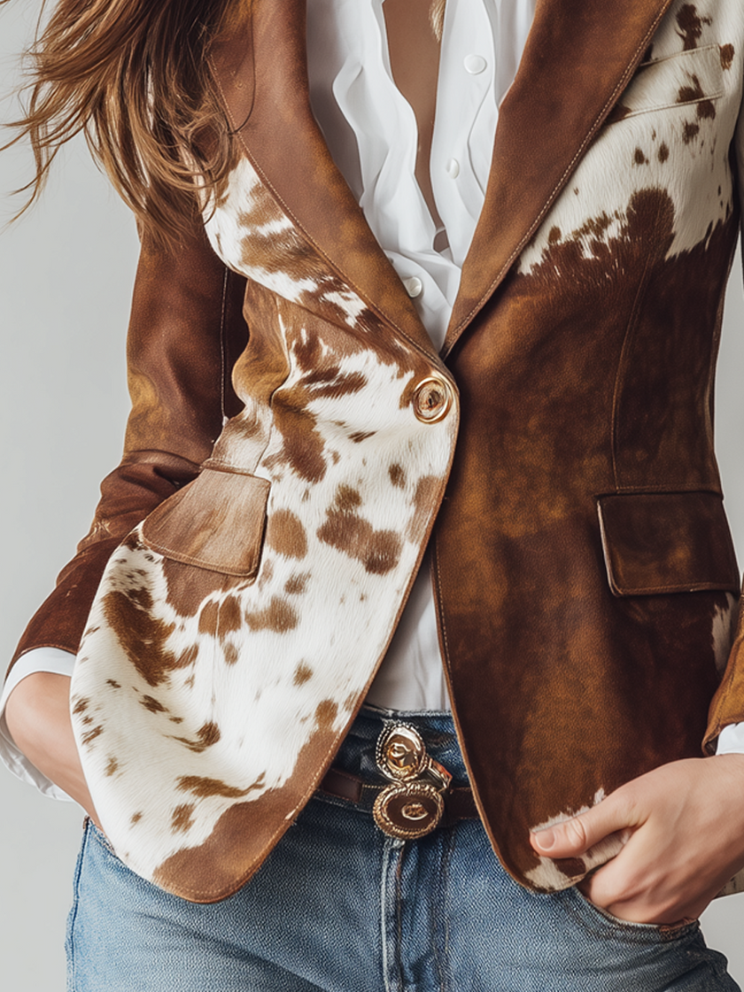 FJØRNA women's brown cow print suede blazer, stylish tailored blazer with cow pattern and soft suede texture.