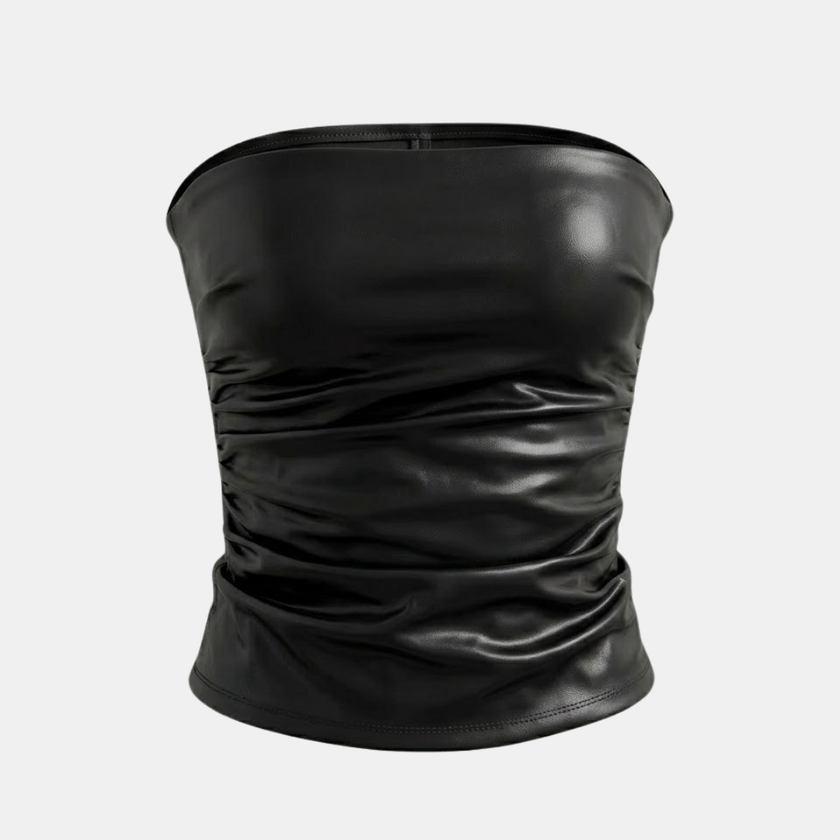 FJØRNA faux leather top for women, stylish and fitted, featuring a sleek design perfect for casual or evening wear.