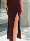 FJØRNA women's collared button-front bodycon maxi dress with side slit, elegant and fitted for a stylish evening look.