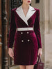 FJØRNA burgundy velvet blazer dress with contrast lapel, double-breasted front, and tailored fit, shown on a model.