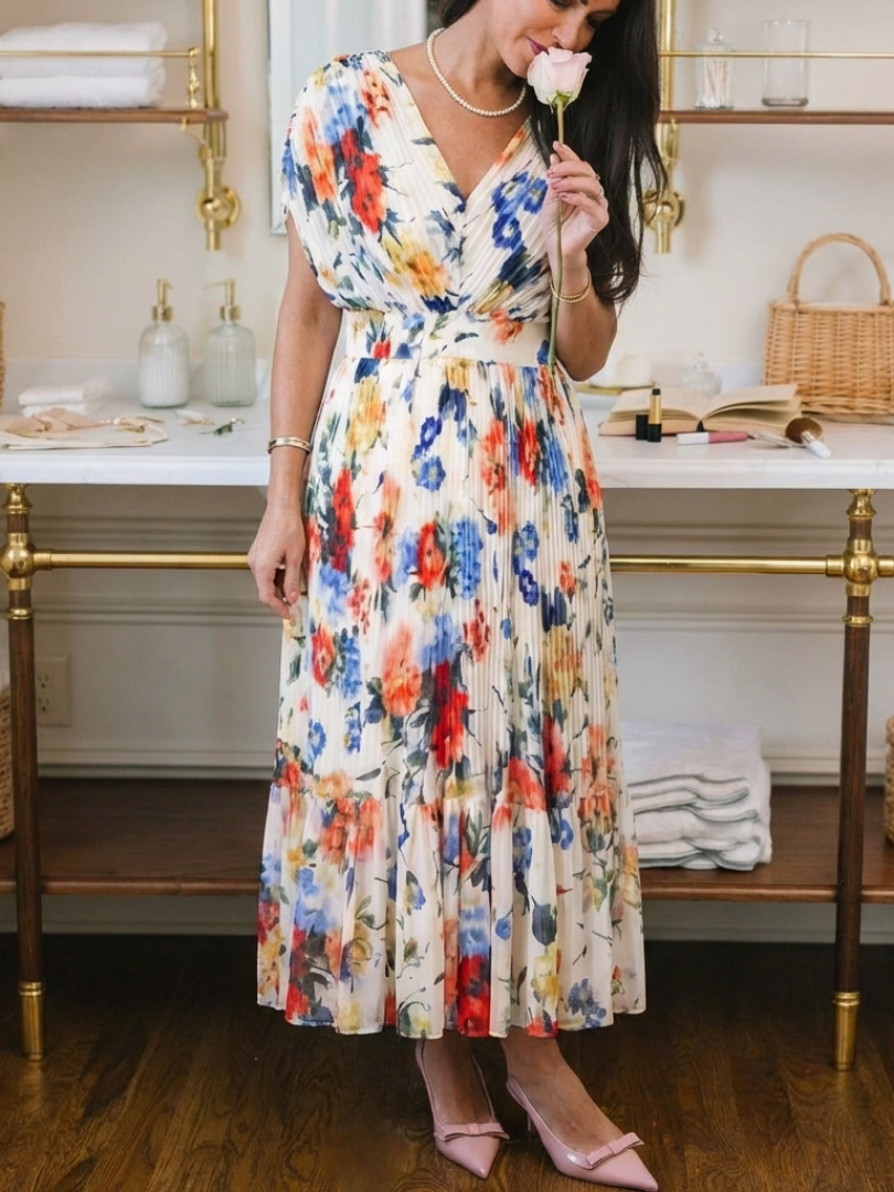 FJØRNA women's summer midi dress with floral print and pleated design, lightweight and elegant for warm weather.