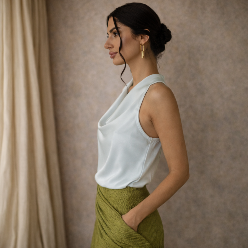 FJØRNA satin top for women, stylish and smooth fabric, shown on a model, featuring a sleek, elegant design perfect for casual or dressy wear.