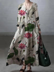 FJØRNA simple loose V-neck cotton and linen dress, casual wedding dress with relaxed fit and natural fabric appearance.