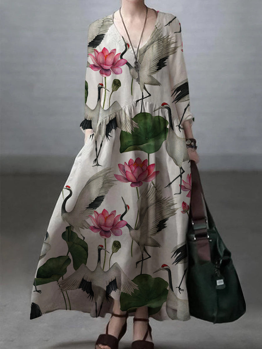 FJØRNA simple loose V-neck cotton and linen dress, casual wedding dress with relaxed fit and natural fabric appearance.