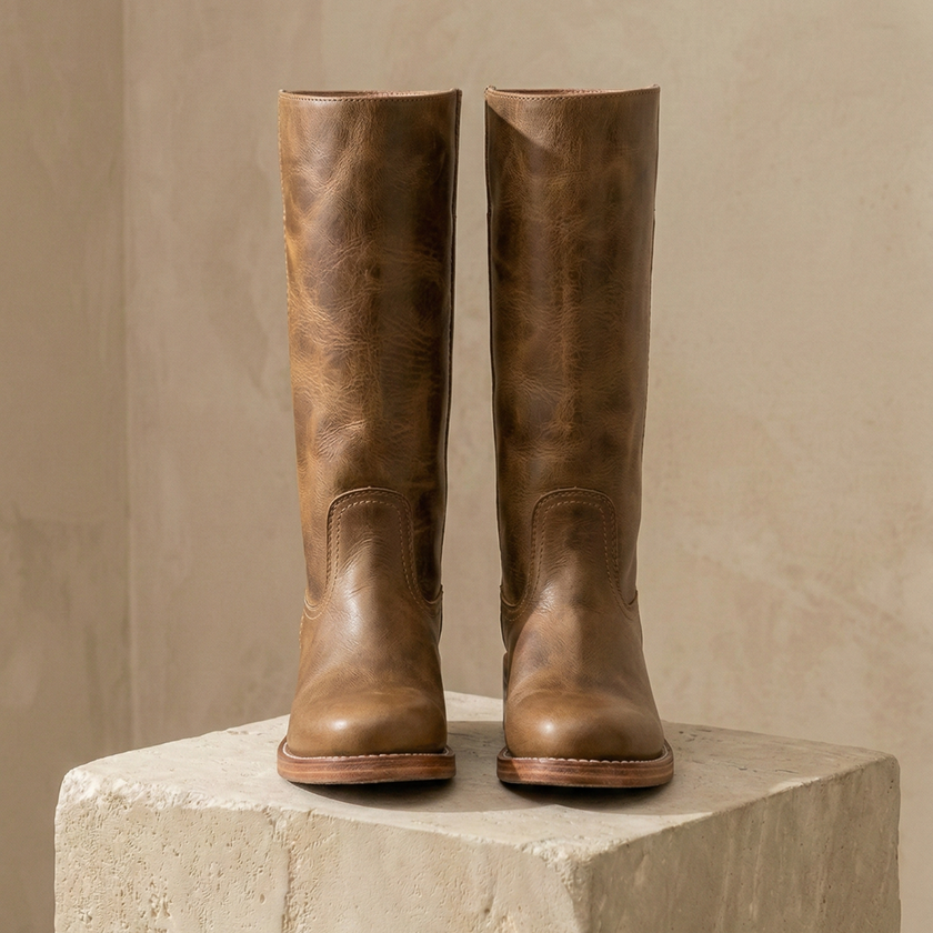 Tan leather men's knee-high boots with block heels from FJØRNA, featuring a sleek design and sturdy sole.
