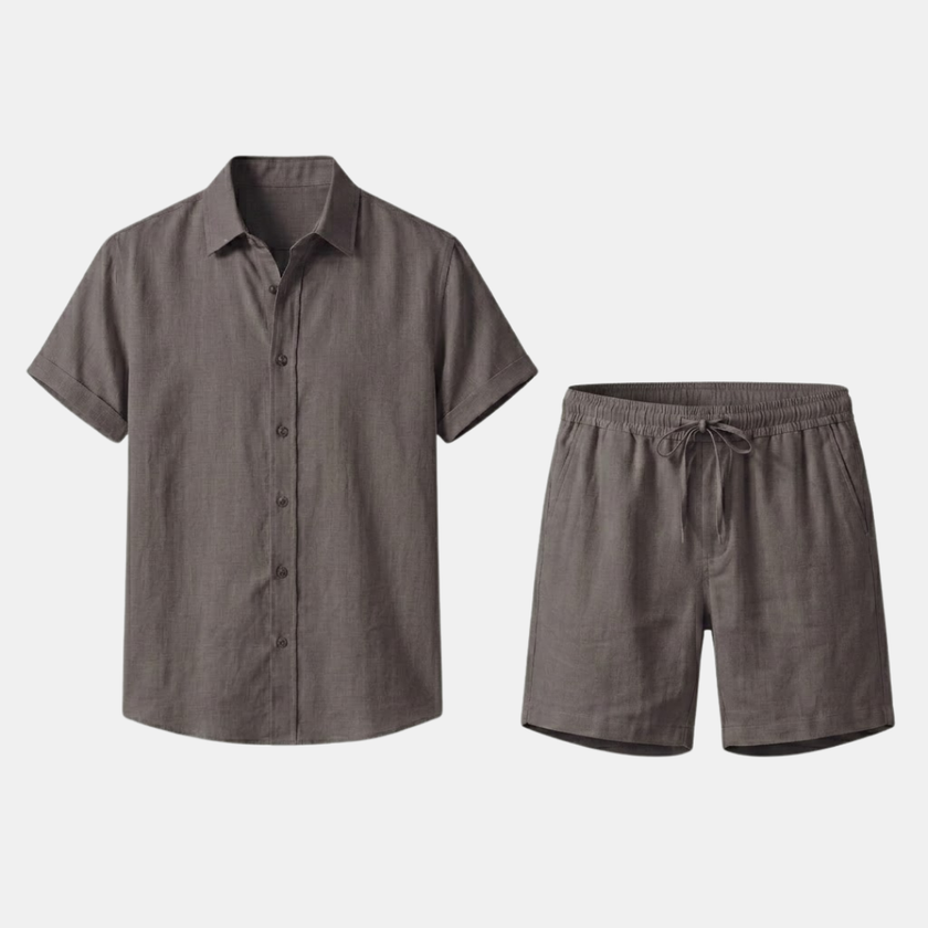 Men's linen blend summer co-ord set by FJØRNA featuring a stylish shirt and matching shorts in light, breathable fabric.