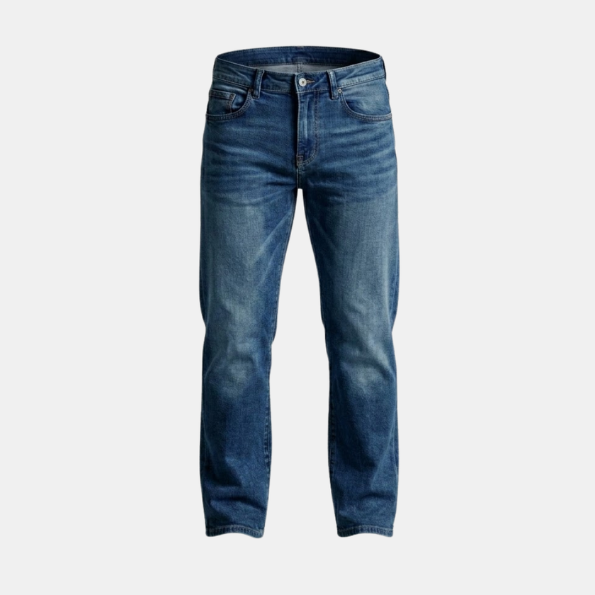 FJØRNA men's tailored denim jeans, classic blue pants with a fitted style and five-pocket design, casual and versatile.