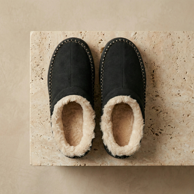 FJØRNA men's slip-on slippers showing soft fabric upper and comfortable sole, ideal for indoor wear.