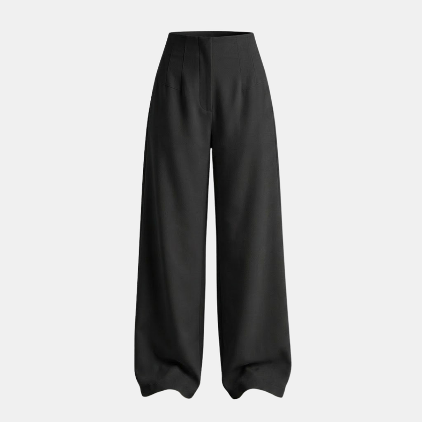 Women’s high waisted tailored wide leg trousers by FJØRNA, showing the beige pants with a high waist and wide-leg fit.