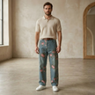 Men's floral denim jeans by FJØRNA, stylish casual pants with a floral pattern, displayed on a plain background.