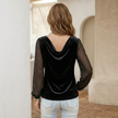 Elegant FJØRNA cowl neck velvet top featuring diamond mesh sleeves, perfect for women's stylish casual wear.