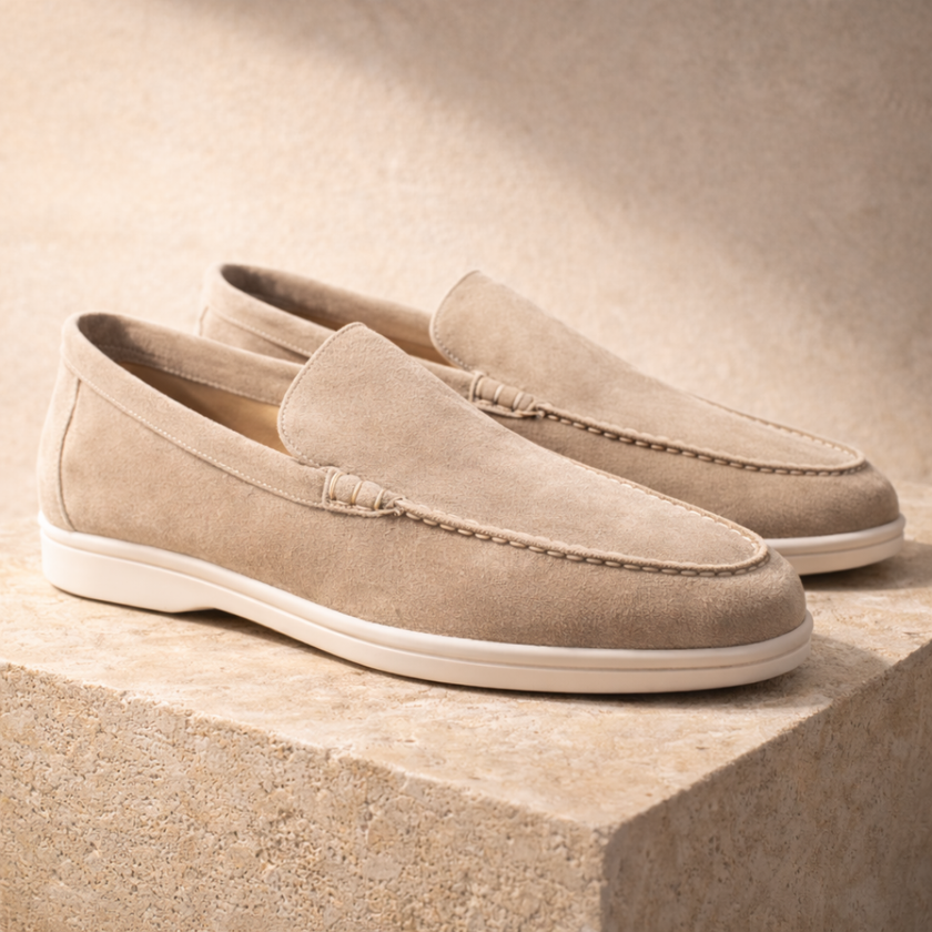 FJØRNA men's suede slip-on loafers displayed on a neutral background, showcasing their classic design and soft suede material.