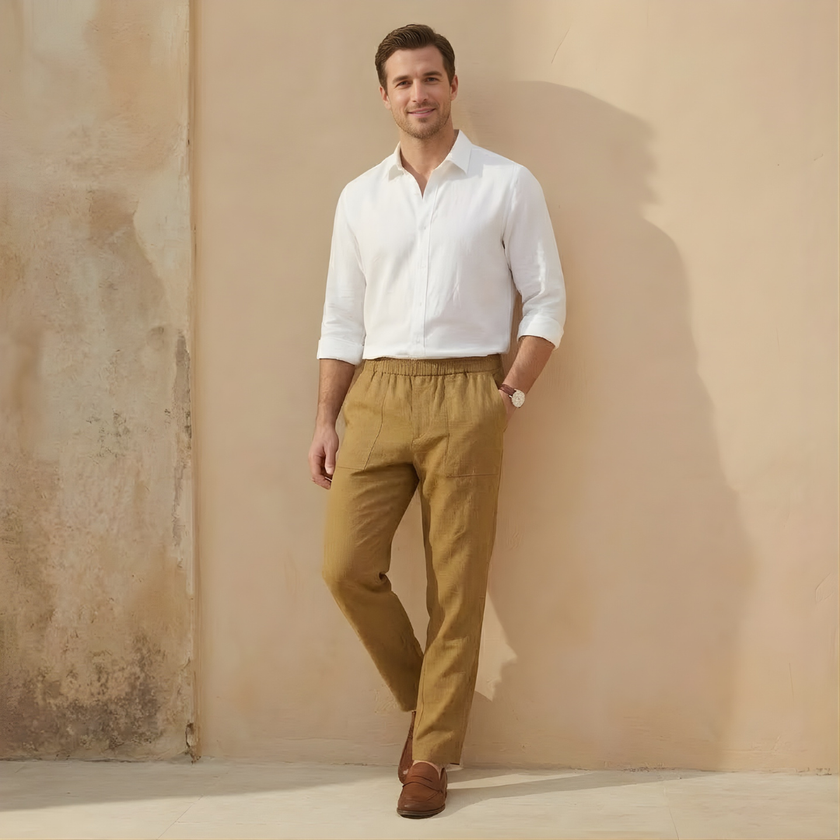 FJØRNA men's linen blend straight leg trousers with drawstring waist and relaxed fit, shown in a casual, natural pose.