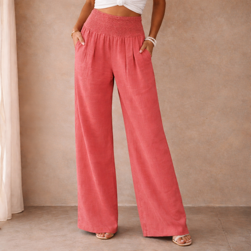 FJØRNA linen blend wide leg women's trousers with elastic waist, relaxed fit, lightweight, and breathable for comfortable style.