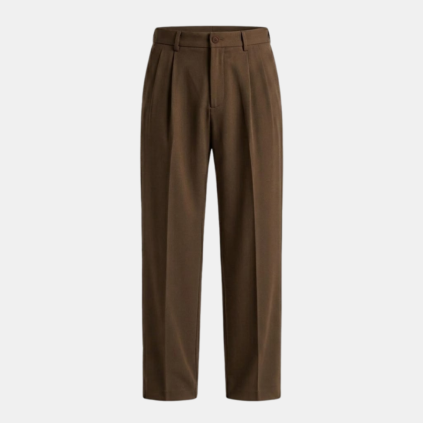 FJØRNA men's pleated relaxed fit pants with a classic trousers design and tailored waistband, shown on a model.