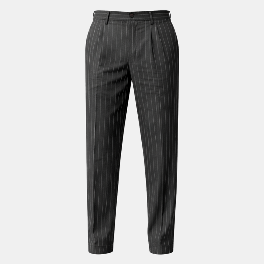 FJØRNA men's linen straight-leg trousers with relaxed fit and striped pattern, casual and breathable pants for everyday wear.