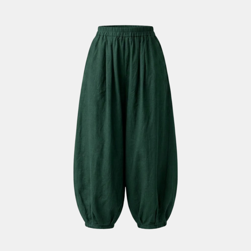 FJØRNA linen blend harem trousers for women with elastic waist and relaxed fit, casual pants with loose, comfortable style.