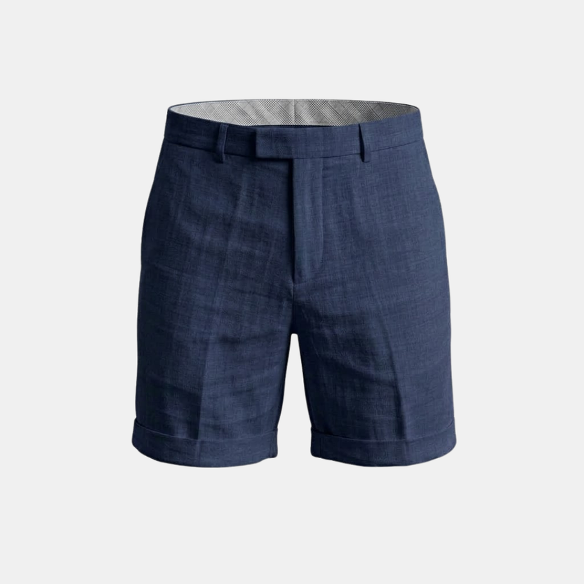 Men's cotton linen shorts by FJØRNA, tailored relaxed fit with front pockets, displayed on a neutral background.