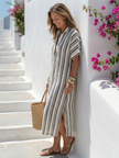 FJØRNA women's summer midi dress with short sleeves and striped wrap design, perfect for warm-weather casual wear.