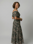 FJØRNA elegant off-shoulder midi dress for women, bodycon fit, stylish eveningwear with a sophisticated look.