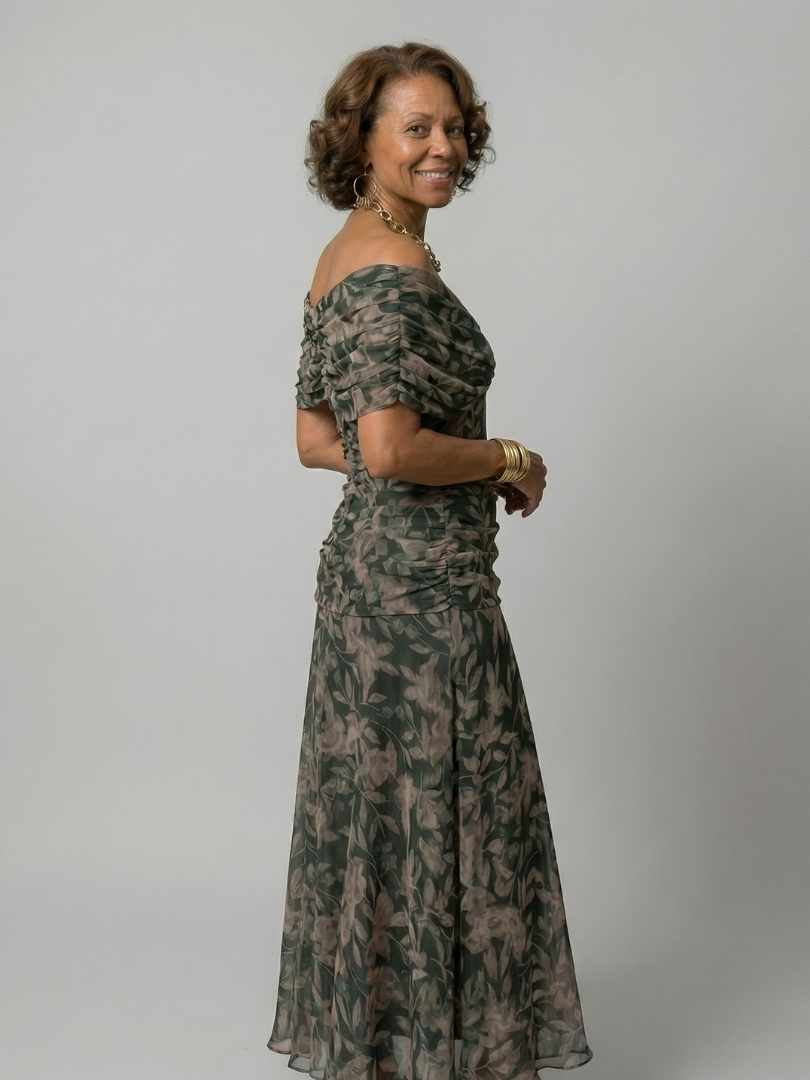 FJØRNA elegant off-shoulder midi dress for women, bodycon fit, stylish eveningwear with a sophisticated look.