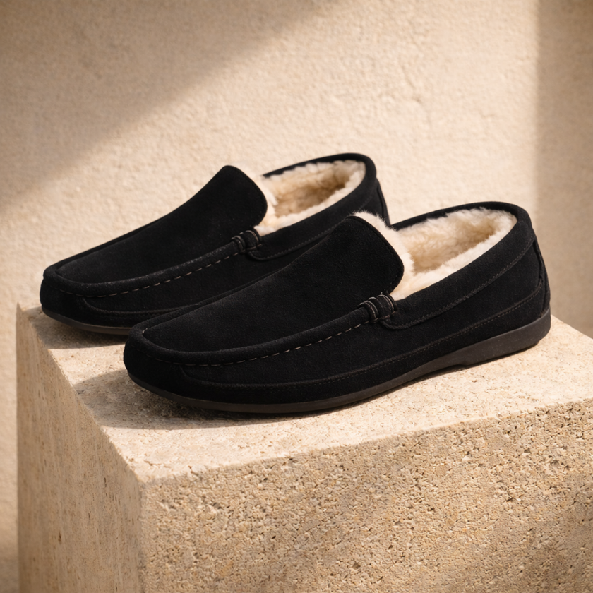 FJØRNA men's wool slippers featuring soft, cozy fabric and slip-on design for comfortable indoor wear.