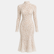 Ivory lace midi dress for women with a high neck, stylish FJØRNA dress featuring intricate lace details and elegant design.